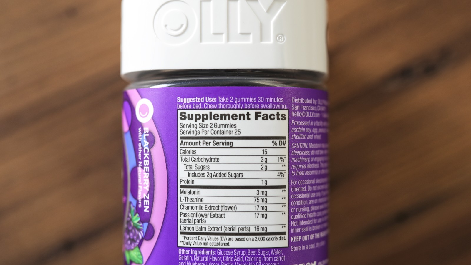 Olly Sleep Gummies' ingredient label. Photo by WellnessVerge